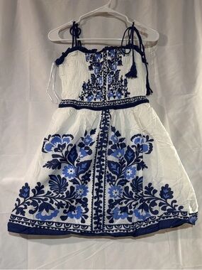 Francesca's Collections White and Blue Floral Smocked Spaghetti Tie Strap Dress